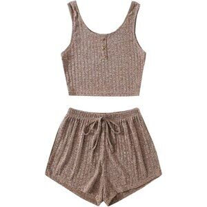 Women Brown Button Front Ribbed Knit Tank Top Shorts Pajama Set Sleepwear Lounge